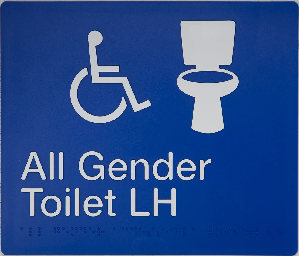 Braille Sign, All Gender Wheelchair Accessible Toilet Left Hand, 210 x 180mm, Blue/White PVC - Image 2