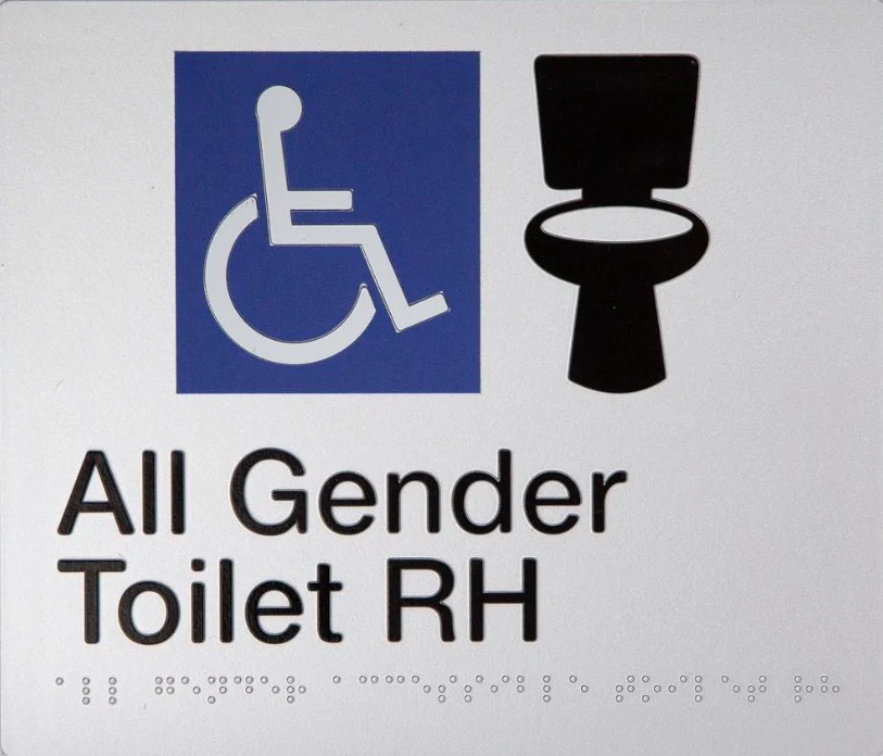Braille Sign, All Gender Wheelchair Accessible Toilet Right Hand, 210 x 180mm, Silver/Black PVC - Image 3