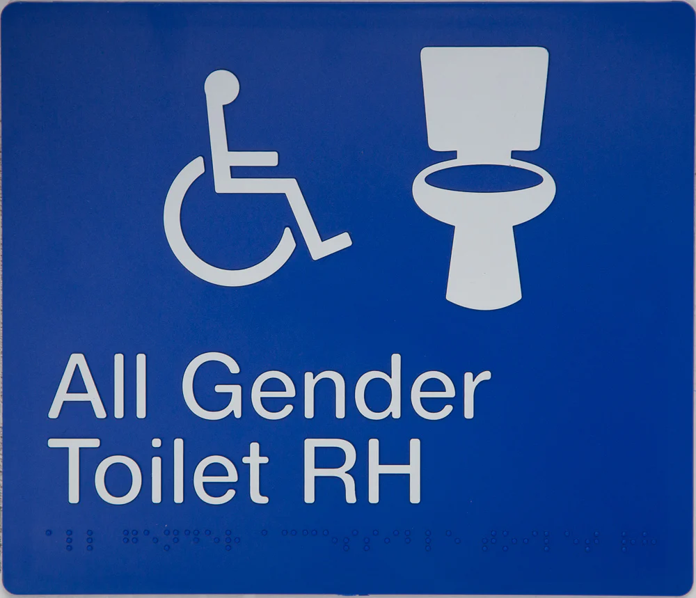 Braille Sign, All Gender Wheelchair Accessible Toilet Right Hand, 210 x 180mm, Blue/White PVC - Image 2
