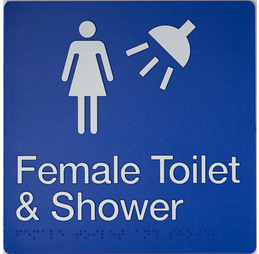 Braille Sign, Female Toilet & Shower, 180 x 180mm, Blue/White PVC - Image 2