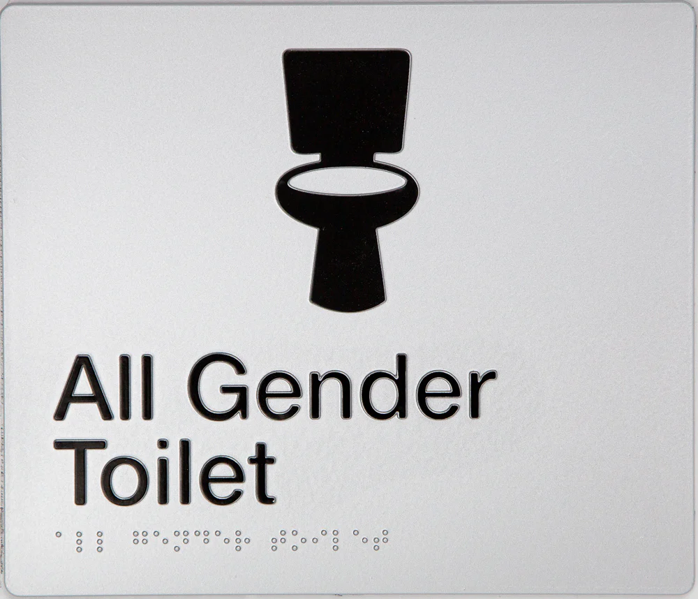 Braille Sign, All Gender Wheelchair Accessible Toilet, 210 x 180mm, Silver/Black PVC - Image 2