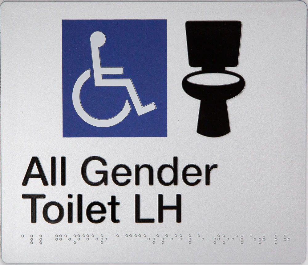 Braille Sign, All Gender Wheelchair Accessible Toilet Left Hand, 210 x 180mm, Silver/Black PVC - Image 3