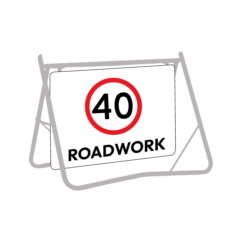 40 Roadwork (Speed Limit), 900 x 600mm Metal, Class 1 Reflective, Swing Stand - Image 2