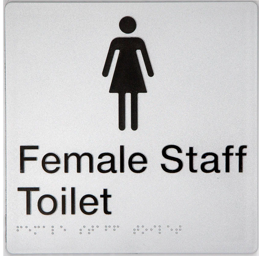 Braille Sign, Female Staff Toilet, 180 x 180mm, Silver/Black PVC - Image 2