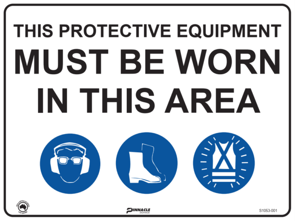 Combination Mandatory Sign, In This Area, Hearing/Eye, Footwear, Hi Vis